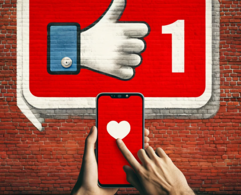 image-of-a-hand-reaching-out-to-a-large-painted-social-media-like-notification-on-a-brick-wall
