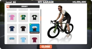 Pantalla d’un joc de ciclisme virtual que mostra un avatar personalitzable amb equipacions i bicicletes disponibles al garatge del jugador, destacant la interacció i personalització del personatge.