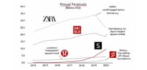 Gràfic d’ingressos anuals (en milers de milions de dòlars) de marques de moda com Zara, Uniqlo, Lululemon i Peloton, destacant el lideratge d’Inditex com el grup minorista de moda més gran del món.